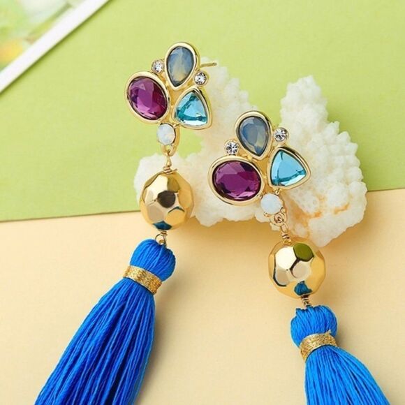 Blue Tassel Fringe Floral Crystal Rhinestone Gold Dangle Statement Earrings - Picture 8 of 11